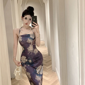 Printed Halter Neck Bodycon Dress Floral Print Slim Fit Cocktail Dress Women's Elegant Long Dress Spring Style - Product Image 3