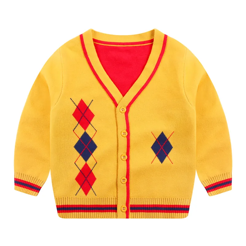 Spring Autumn V Neck Long Sleeve Yellow Knitty School Cotton Cardigans Button Sweater For Kids