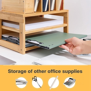 Organisateur de bureau en bambou avec porte-dossiers, organisateurs de bureau à 3 niveaux avec porte-stylo et 4 sections verticales, bac à papier à lettres - Product Image 4