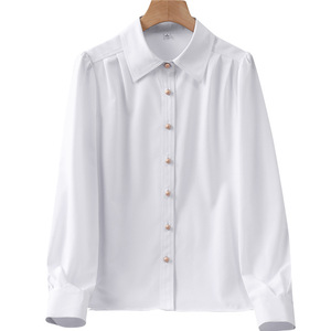 Women's Light Blue Long Sleeve Shirt Solid Color Polyester Poplin Office Wear Formal Blouse - Product Image 5