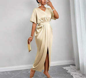 <span class=keywords><strong>Vestido</strong></span> Elegante para <span class=keywords><strong>Mujer</strong></span>, <span class=keywords><strong>Vestido</strong></span> Asimétrico con Cuello en V, Manga Corta, Cintura Alta, Abertura Lateral, Falda Larga - Product Image 2
