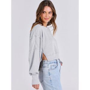 FOXA Women's Cropped Sweatshirt Oversized Crewneck Long Sleeve Lace Detail Drop Shoulder Loose Pullover Spring <b>Winter</b> <b>Top</b> - Product Image 4
