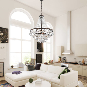 Crystal Chandelier Bell Shape E26 Bulb Base <b>LED</b> 3500K Warm White Gold Body Adjustable Height Dimmable Large Living Pendant <b>Light</b> - Product Image 5