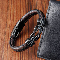 Bracelet en cuir pour homme avec breloque nœud infini en acier inoxydable 316L, placage sous vide, fermoir magnétique, bijoux punk pour homme, cadeau