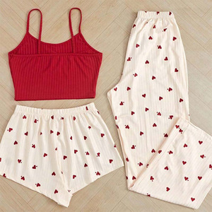 Three Piece Women's Heart-Shaped Printed Vest Shorts and Pants Paired with Ribbed Fabric for Home Casual Women's Sleepwear <b>Set</b> - Product Image 1