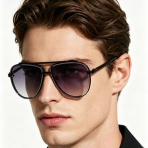 Aviator Sunglasses Men Metal <b>Frame</b> <b>Black</b> UV400 Protection Class 2 Sunshades Fashionable Double Bridge Half Rim - Product Image 1