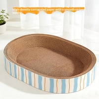 Vente en gros de lits pour chats en carton ondulé et papier, forme ovale, avec bande rayée bleue et orange, pour chats d'intérieur, OEM