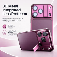 Protection d'objectif d'appareil photo intégrée en verre trempé 3D en métal, dureté 9H, avec béquille escamotable intégrée, ultra-fine et anti-rayures pour