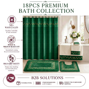 Set Decorativo per <span class=keywords><strong>Bagno</strong></span> 18 Pezzi, Tende in Poliestere Impermeabili con Ricamo a Foglie Dorate, Collezione Tappeti Antiscivolo per Inaugurazione Casa - Product Image 3