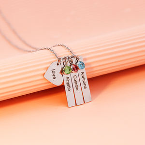 Collar de piedra natal familiar de acero inoxidable personalizado con cadena de eslabones de moda, barra de nombre de texto grabado y colgante de corazón - Product Image 3