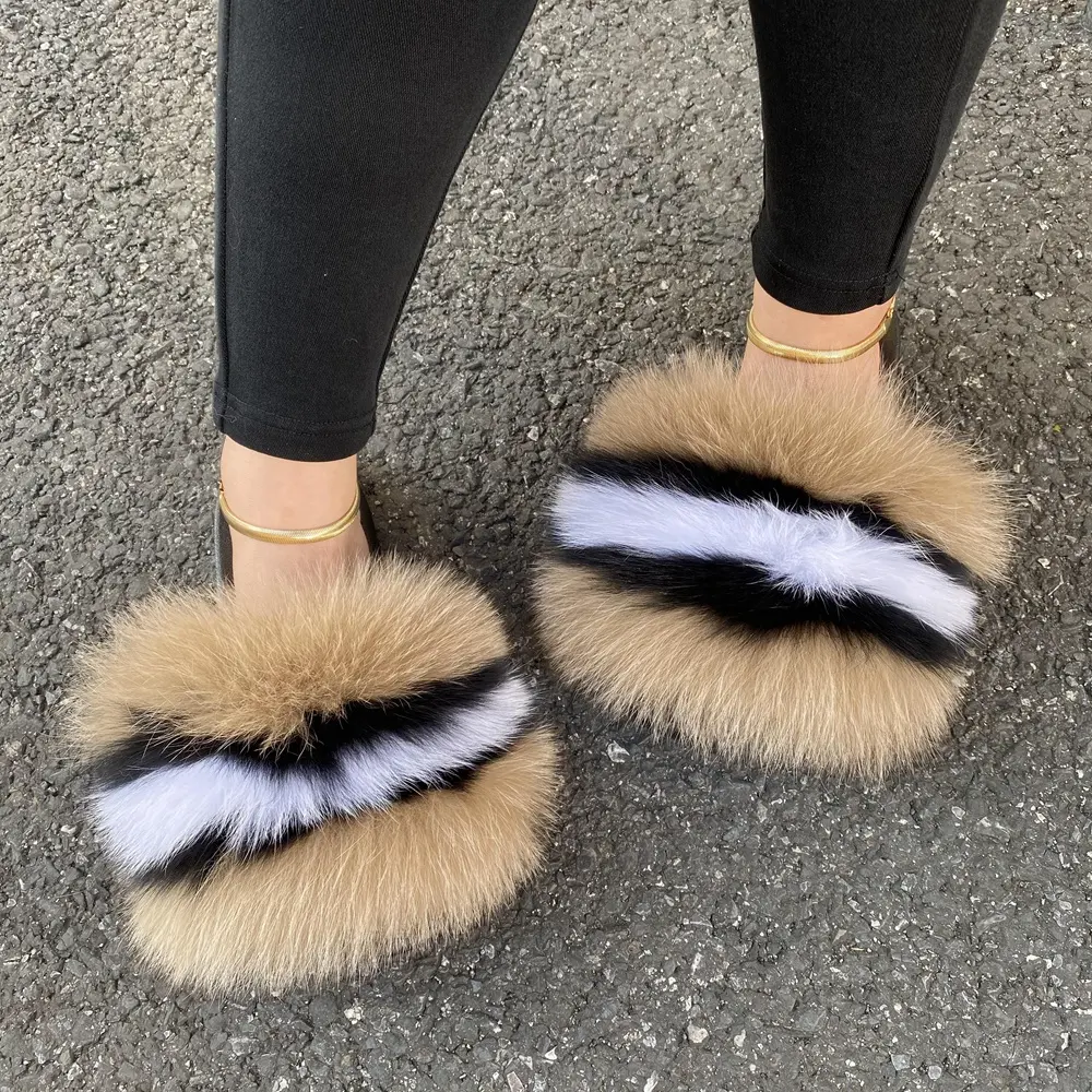 Female Furry women shoes Spring Summer Real Fox Fur Fuzzy Slippers Real Fur Slides Women Fur Slippers