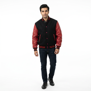 Mens Black and <b>Red</b> <b>Waterproof</b> Hooded Varsity <b>Jacket</b> with Contrast Sleeves Striped Collar Cuffs Hem Zipper Front Custom Outerwear - Product Image 1