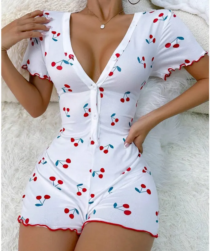 Custom Zomer Vrouwen Onesie Pyjama Sexy Rompertjes Vrouwen Jumpsuit Kersenprint Dames Nachtkleding Slaap Romper