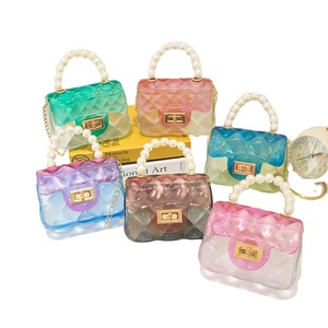 Neue Kinder MIni Jelly Bags Kleine Handtasche Geldbörse PVC Transparent Spleißen Farbe Perle Griff Handtaschen Kinder Umhängetaschen für Party - Product Image 1