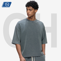 T-shirt court en maille gaufrée 310G épaisse, teintée à la cire, coupe carrée, style américain, décontracté, anti-plis, personnalisable