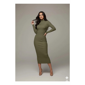 Robe crayon à col roulé côtelée vert olive pour femme, manches longues, longueur midi, grande taille, tenue de soirée - Product Image 1