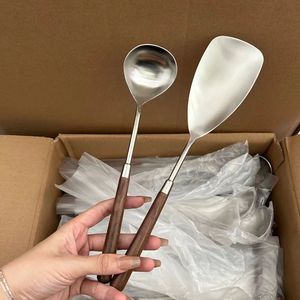 304 Stainless Steel <b>Walnut</b> Wood Handle Soup Ladle Rice Paddle Long Handle Kitchen Cooking Utensil Heavy Duty 2 Pieces - Product Image 1