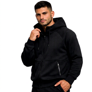 Survêtement à capuche en molleton de coton noir pour homme, fermeture éclair intégrale, avec poches latérales, tenue décontractée d'hiver, coupe oversize, couleur unie - Product Image 3