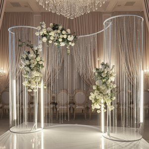Arche de mariage moderne en forme de S avec rideau de perles de <span class=keywords><strong>cristal</strong></span>, fond suspendu en <span class=keywords><strong>cristal</strong></span> et métal pour mariages - Product Image 1