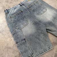 Shorts en jean bleu délavé 13oz personnalisés, résistants au lavage, avec logo en relief, pour hommes