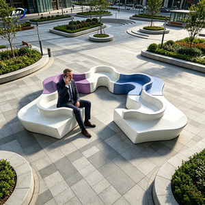 Modular Color-Block FRP Curved <b>Bench</b> Set Interlocking Puzzle-Shaped Outdoor Furniture - Product Image 5