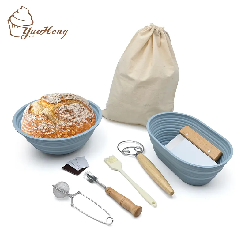 Bule colors Foldable sourdough proofing basket set Silicone bread proofing baskets set for sourdough with bread lame knife