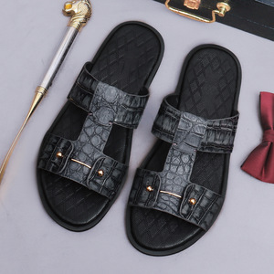 Sandalias de Cuero de Estilo Lujoso para Hombre, Tipo Flip-Flop, de Piel de Cocodrilo, para Uso en Exteriores, Duraderas, Transpirables, Color Cuero Oscuro - Product Image 3