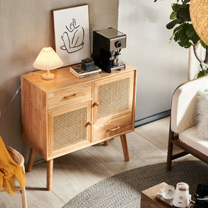 <span class=keywords><strong>Buffet</strong></span> moderne en bois massif et rotin de Russie, armoire de rangement avec tiroirs et portes, console d'accent du milieu du siècle pour le salon - Product Image 1