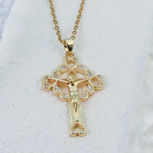 Cubic Zirconia Jesus Cross Gold Plated Pendant Titanium Steel Necklace