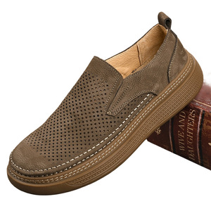 Chaussures de marche pour hommes en cuir pleine fleur ajouré à bout rond, à enfiler, souples, légères, respirantes, avec doublure et semelle intérieure en PU, tendance mode - Product Image 4