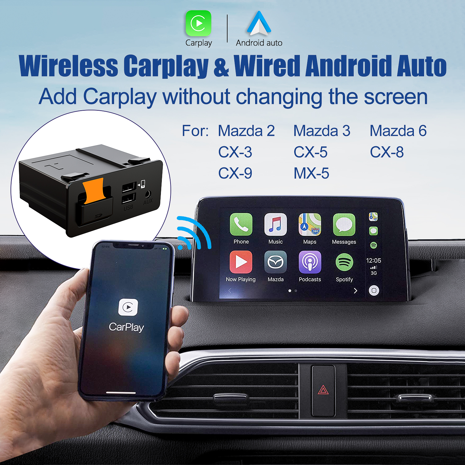 Mazda ワイヤレス Carplay レトロフィットキット USBハブ (CX-5/CX-9