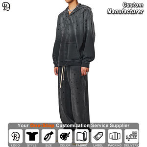 Ensemble de survêtement unisexe ample avec sweat à capuche et pantalon de jogging, tendance pour <span class=keywords><strong>homme</strong></span>, fermeture éclair intégrale, <span class=keywords><strong>tenue</strong></span> décontractée en deux pièces, survêtement oversize, style vintage, sweat-shirt délavé - Product Image 2