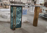 Meuble de villa moderne, console de luxe en marbre doré avec base en métal inoxydable antique pour l'entrée et le salon