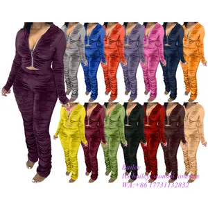 Fall Winter Plus Size Velour Slim Joggingpak Vrouwen Crop Rits Hoodie Gestapeld Broek Tweedelige Set Fluwelen Trainingspak Sweatsuit