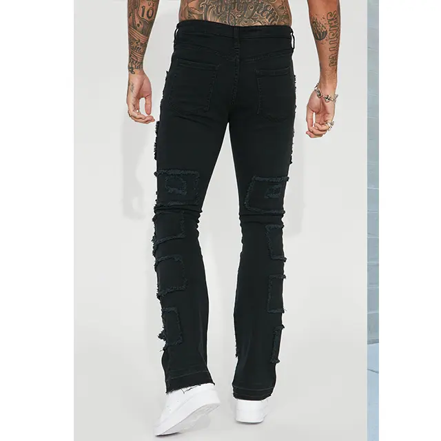 Custom frayed black washed stacked jeans with tassel street wear locomotive plus size biker jeans men