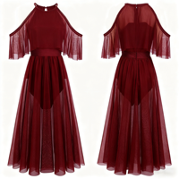 Vennystyle Nouvelle robe de danse lyrique à manches longues rouge vin pour les spectacles sur scène Adultes Spandex/Nylon avec strass et dentelle