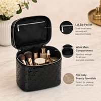 Pochette cosmétique noire brillante avec logo personnalisé, motif gaufré, double fermeture éclair, étui à maquillage portable, organiseur de beauté de voyage