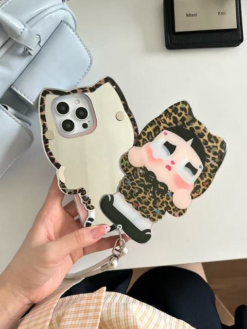 New Model Creative Cartoon Leopard Print Cry Baby  Phone case for iPhone 17 17 Pro Max iPhone 16 Pro Max with Mirror and Chain