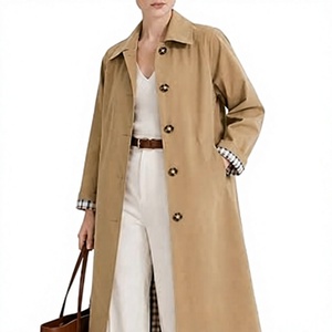 Manteau long élégant pour femme, couleur camel unie, manches longues, col à revers, fermeture boutonnée, vêtement d'extérieur pour l'automne - Product Image 1