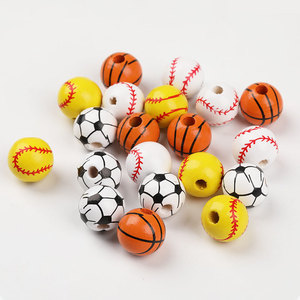 16มม. DIY เครื่องประดับลูกปัดกำไลลูกปัดไม้พิมพ์ลายบาสเกตบอลฟุตบอลเบสบอลวัสดุลูกปัดหลวม - Product Image 1