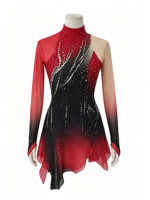 Robe de patinage artistique à col haut et manches longues, dégradé noir et rouge, dos ouvert en maille, ornée de strass, pour compétition et spectacle