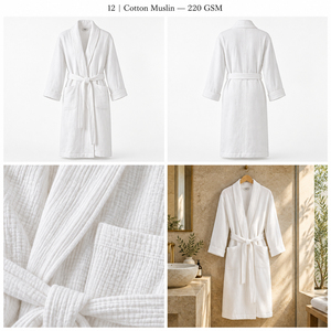 Albornoz de Lujo de Muselina de Algodón 220GSM con Cuello Chal, Ligero, Transpirable, Unisex, para Hotel y Spa, Blanco - Product Image 2