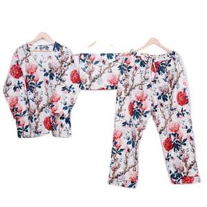 Ensemble pyjama femme en coton avec pantalon et chemise, taille élastique, imprimé à la main, respirant, pour l'automne, léger et confortable pour la nuit - Product Image 4