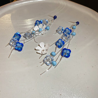 Anting Tusuk Wanita Vintage Biru Cyan Motif Bunga Retro Tetesan Minyak Tembaga Batu Alam Imitasi Mutiara Pesta Kelas Atas Buatan Pabrik