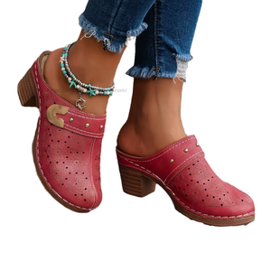 European and American Thick Heel Toe Half <b>Slippers</b> for Women Summer New Style <b>Big</b> Hollow Studded High-heeled <b>Slippers</b> 43 - Product Image 5