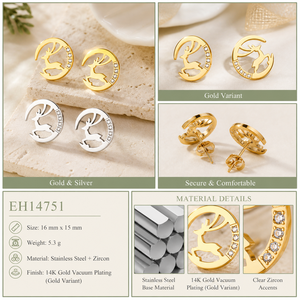 Boucles d'oreilles clous en zircon motif renne, en acier inoxydable plaqué or 14K sous vide, or et argent, pour les fêtes, 16mm - Product Image 2