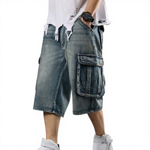 Shorts cargo en jean ample pour homme, taille mi-haute, délavage clair, multi-poches, style décontracté d'été, longueur 3/4, respirant et imperméable - Product Image 1