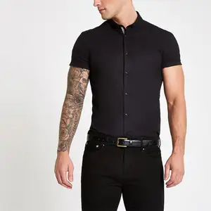 Camicie eleganti da uomo all'ingrosso del produttore OEM camicia Muscle Fit con colletto in popeline nero