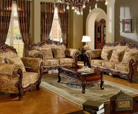 Ensemble de canapés en cuir rouge brun artistique, style antique européen, français et italien, avec cadre en bois massif sculpté, de luxe et classique