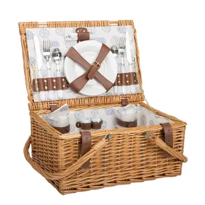 New Style Outdoor Large Capacity Handmade Natural Rattan Wicker 2 Person Bulk Picnic Basket Set With 2 Carry Handle